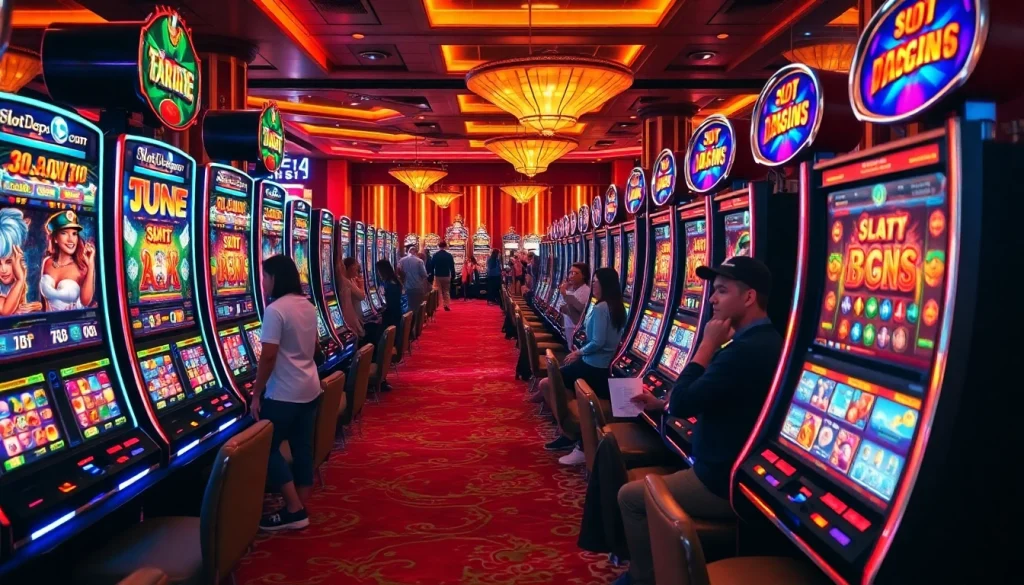 Mainkan slot Depo 5K yang mendebarkan di kasino yang hidup dengan mesin-mesin berwarna-warni dan pemain yang bersemangat.