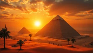 Piraminds towering majestically against a sunset, showcasing their ancient texture and stunning architecture.