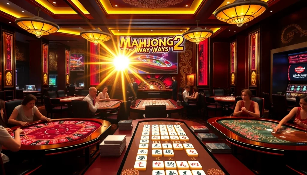 Permainan seru di meja kasino Mahjong Ways 2 yang dikelilingi pemain yang ramai dan dekorasi meriah.
