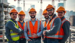 Highlighting construction site safety practices among workers in vibrant safety gear.