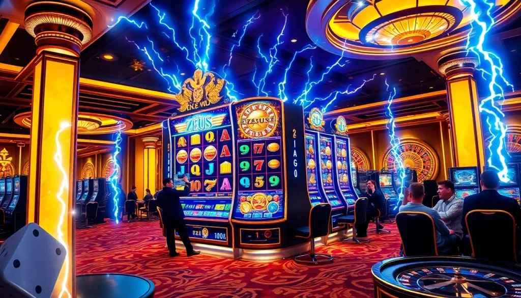 Spin the slot zeus machine surrounded by vibrant casino atmosphere and thrilling gambling elements.