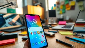 FM WhatsApp download displayed on a smartphone in a creative workspace, emphasizing vibrant themes and customization.