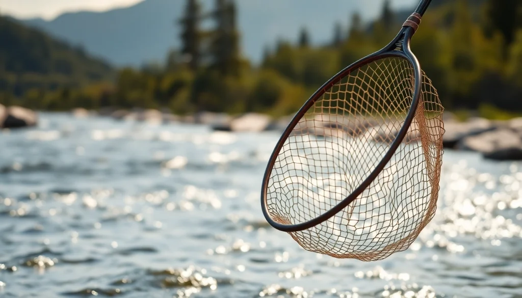 Catch a fish effortlessly with this stylish Fly fishing net in a natural riverside setting.