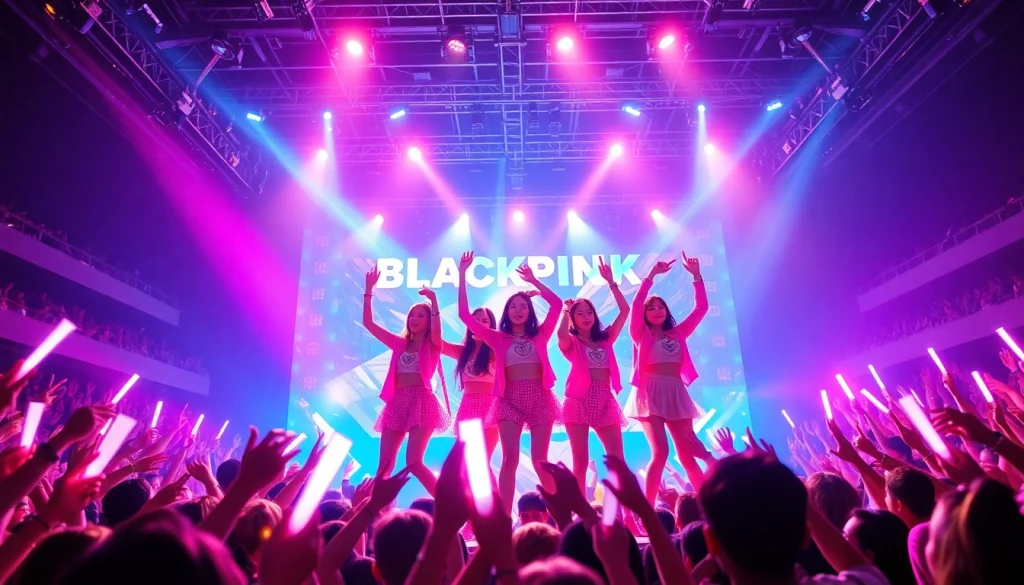 Blackpink news showcasing energetic performance by the quartet at a concert with vibrant lighting and excited fans.