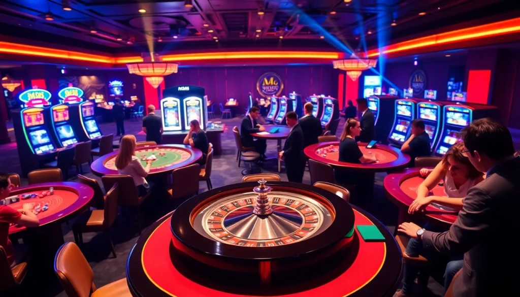Engaged players enjoying vibrant casino action at MM88, featuring poker chips and roulette.