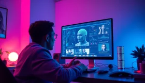 Engaging with NSFW AI technology in a futuristic digital workspace.