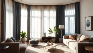 Verduisterende gordijnen in een stijlvolle woonkamer met sfeervolle verlichting en warme kleuren.