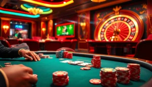 Experience the luxury of FLY88 while playing poker amidst a glamorous casino environment.