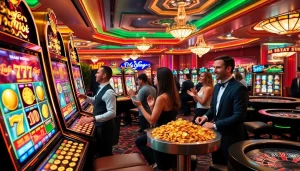 Players enjoying high-stakes gaming at a luxurious slot deposit pulsa casino, with vibrant machines and chips.
