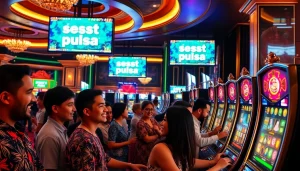 Pemain menikmati sensasi Slot Deposit Pulsa dengan mesin slot berwarna-warni di kasino mewah.