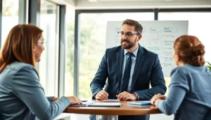 Engaging session with a business coach near me, set in a bright modern office.