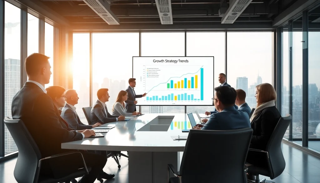 Analyze growth strategy trends with professionals collaborating in a modern office setting.