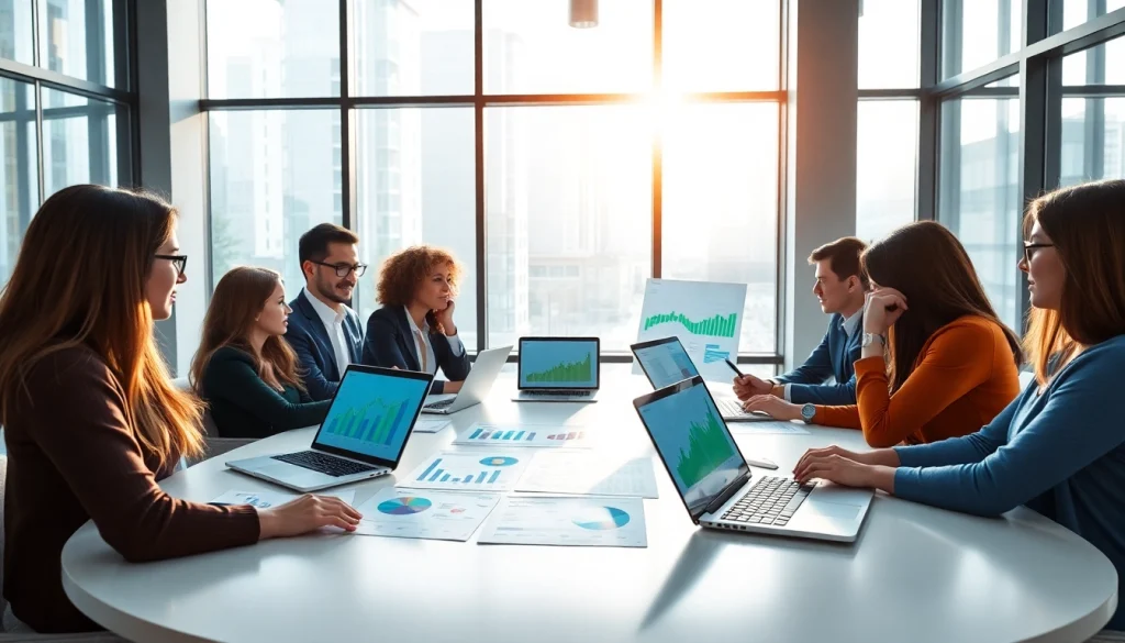 Engaged professionals discussing business growth insights in a modern setting.