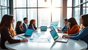 Engaged professionals discussing business growth insights in a modern setting.