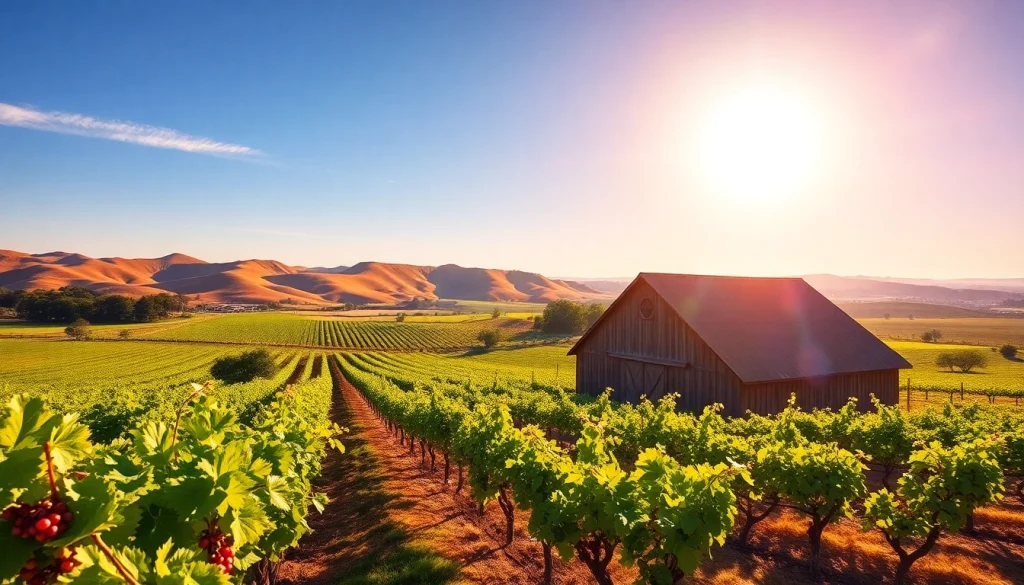 Enjoy the beautiful vineyard landscape in Clarksburg CA with rustic barn and grapevines.