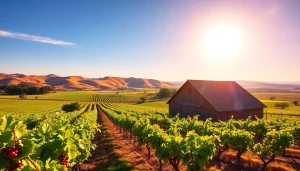 Enjoy the beautiful vineyard landscape in Clarksburg CA with rustic barn and grapevines.