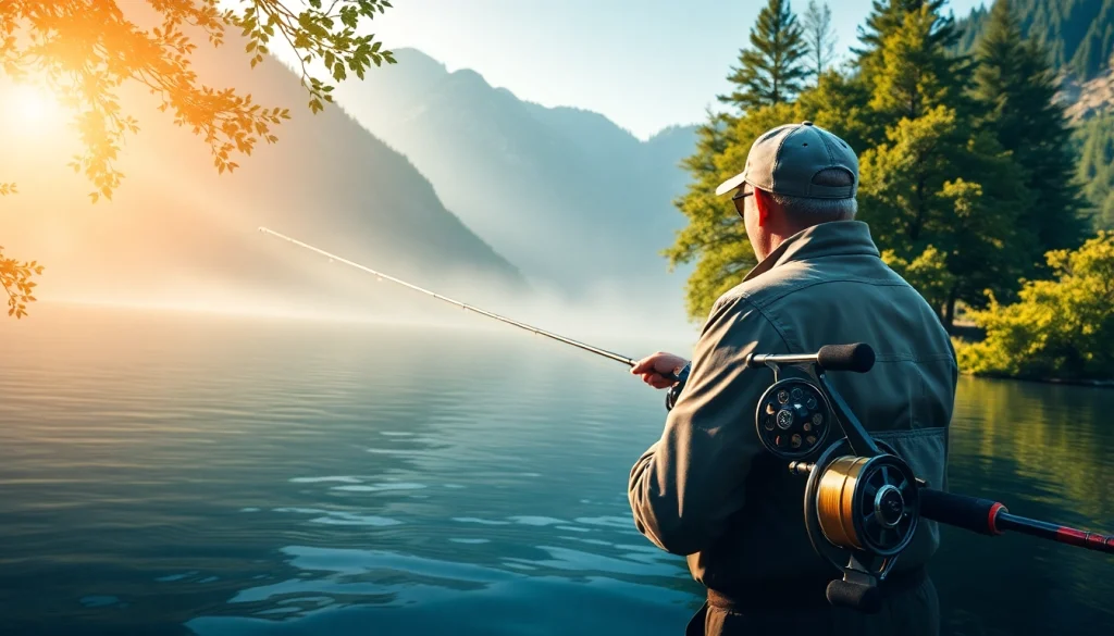 Experience a fly fishing combo as a fisherman casts in a tranquil mountain lake.