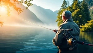 Experience a fly fishing combo as a fisherman casts in a tranquil mountain lake.