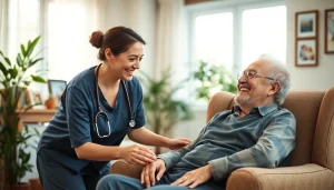 Senior care austin tx with a caregiver supporting a happy senior in a cozy home environment.