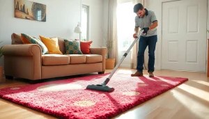 Professional carpet cleaning service in Roseville, CA, showcasing a cleaner working on a colorful rug.