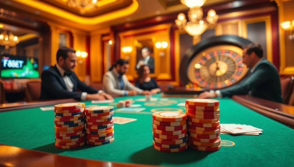 Win big with F8BET at an exciting poker table surrounded by vibrant casino atmosphere.