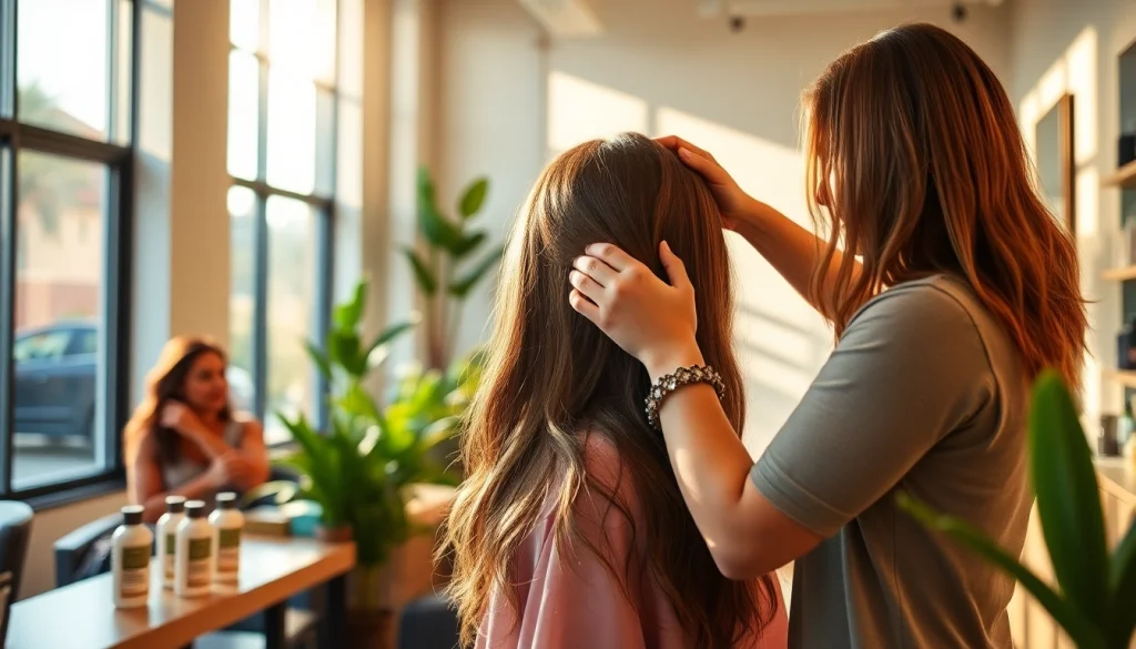 Skilled stylist creating highlights in a welcoming ambiance at the best hair salon san diego, showcasing luxurious Aveda products.