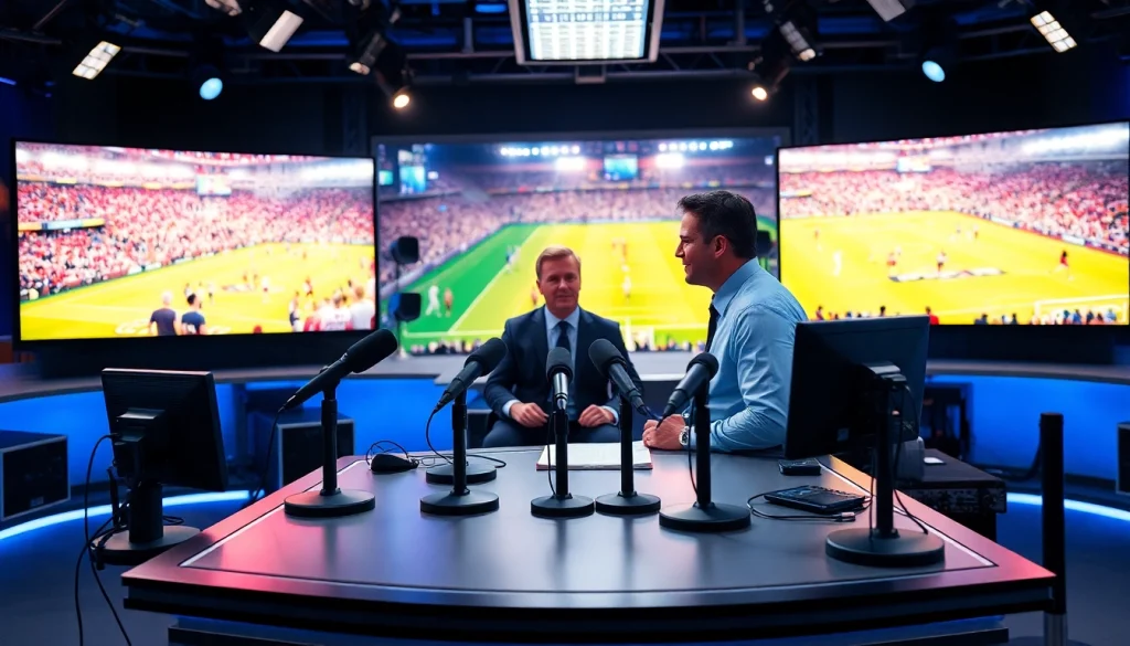 Engaging scene of sports broadcasting with hosts and live event visuals