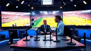 Engaging scene of sports broadcasting with hosts and live event visuals
