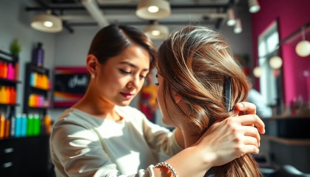 Engaging hair stylist bucuresti perfecting a client's hairstyle in a vibrant salon setting.