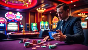 Players enjoying an exciting casino experience with S88 gaming elements including cards and poker chips.