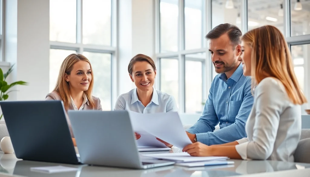 Tax season consultation with a professional advisor engaging clients in a modern office.