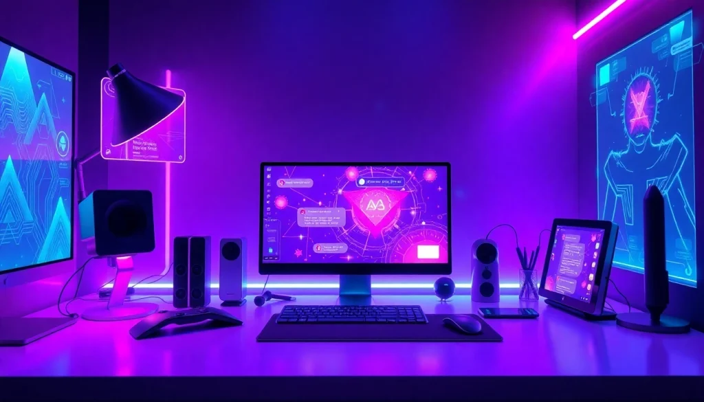 Futuristic digital workspace showcasing NSFW AI chatbots and holographic displays