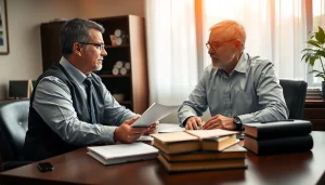 Lawyer advising on agricultural law in an office setting with a farmer.
