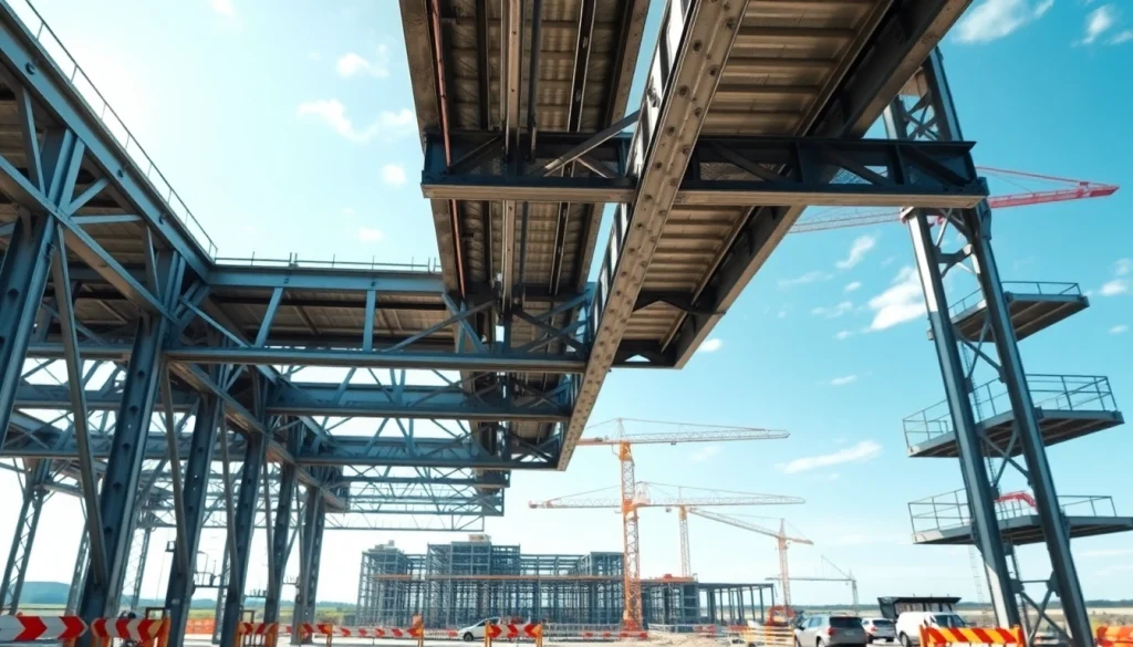 Innovative steel structure design displayed prominently at a construction site, showcasing modern engineering.