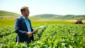 Agriculture lawyer advising a farmer in a vibrant field, promoting legal guidance in agriculture.
