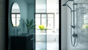Showcase a black shower sliding door with sleek design in a modern bathroom setting.