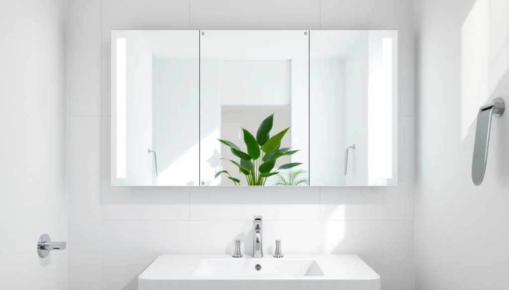 Showcase of an elegant bathroom mirror in a luxurious setting, reflecting natural light and modern fixtures.