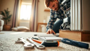 Heating repair somers ny technician inspecting a furnace in a welcoming home.