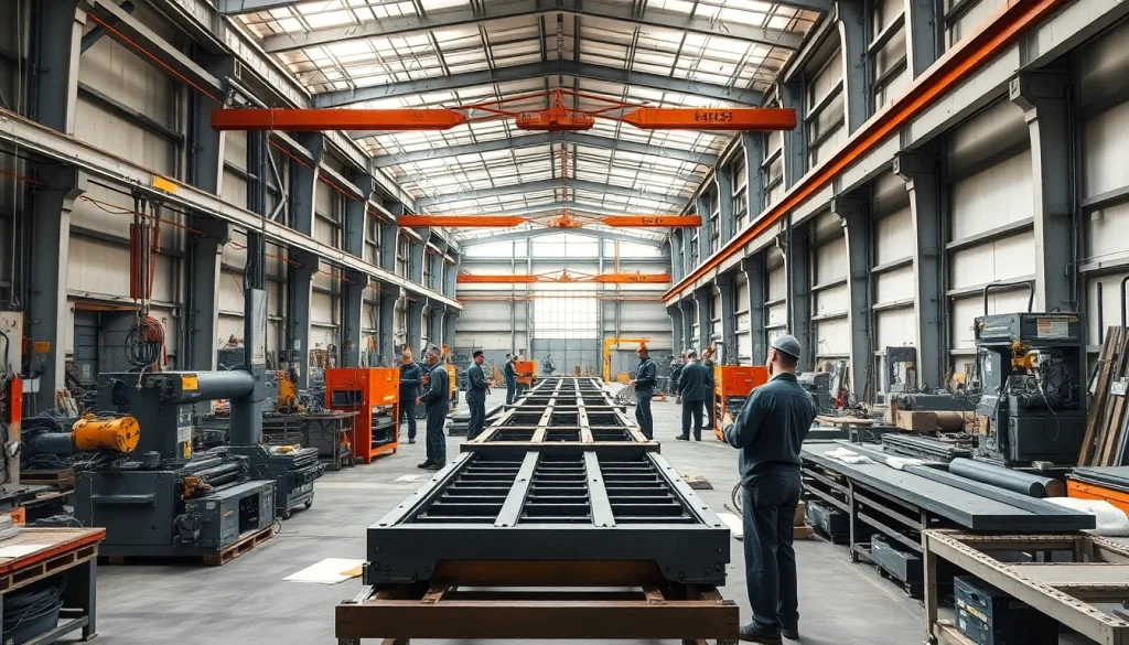 Engaging visual of structural steel fabrication showcasing skilled workers and advanced machinery in action.