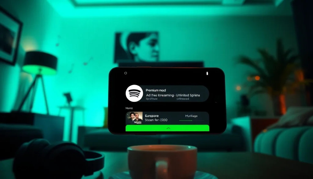 A captivating depiction of a smartphone screen showcasing the spotify mod interface, featuring premium music streaming options.