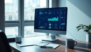 Web scrapping dashboard on a modern workspace computer screen displaying dynamic data visualizations.