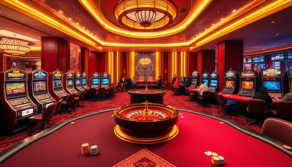 Experience thrilling moments at https://mm88.fun/ with a luxurious casino setting featuring tables, slot machines, and excitement.