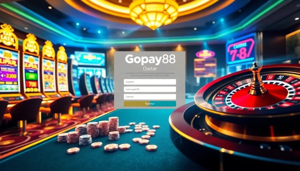 Engage with Gopay88 Daftar registration under colorful casino lights featuring vibrant slots.