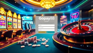 Engage with Gopay88 Daftar registration under colorful casino lights featuring vibrant slots.
