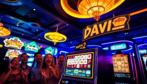 Excited players winning on the Mahjong Ways 2 slot machine in a vibrant casino.