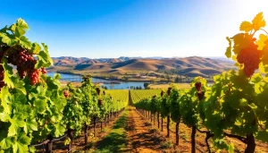 Carksburg CA's scenic vineyards and Sacramento River under warm sunlight.