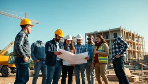 A diverse team engaged in construction workforce development on-site, analyzing blueprints amidst machinery.