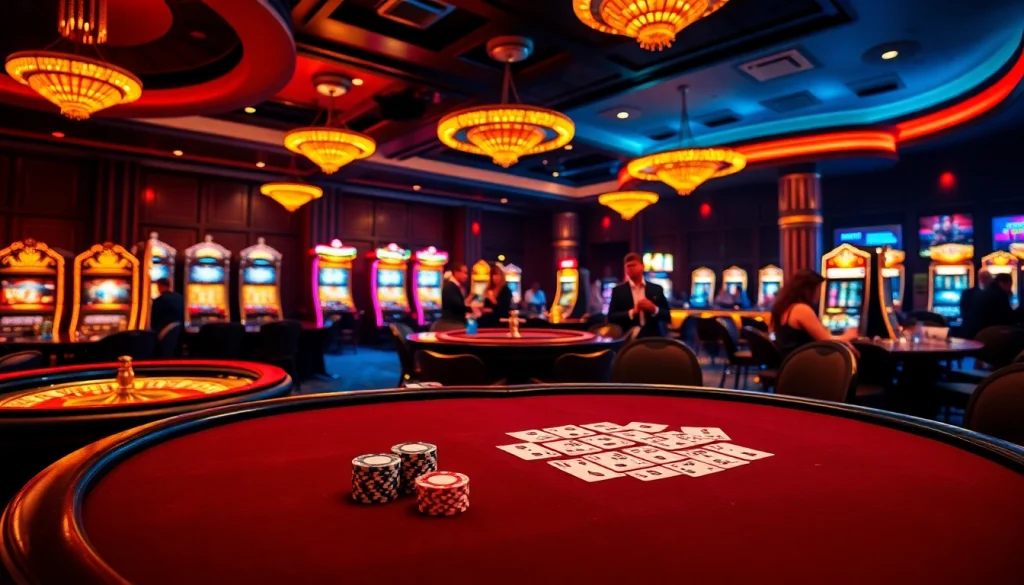 Engaging gaming scene at 789club featuring poker chips, cards, and roulette wheel.