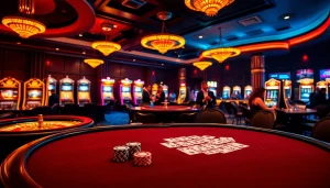 Engaging gaming scene at 789club featuring poker chips, cards, and roulette wheel.