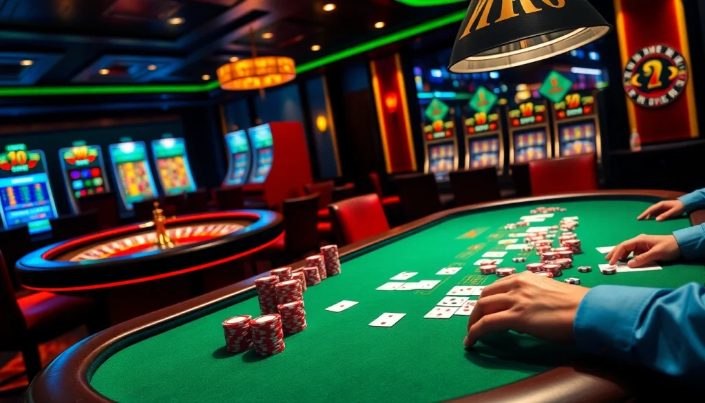 Engage with thrilling betting on MK8 casino tables, showcasing poker, roulette, and vibrant casino atmosphere.